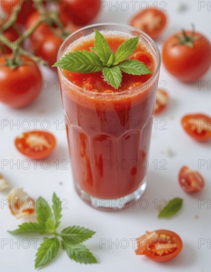 A tall glass of fresh tomato juice is garnished with mint leaves, surrounded by ripe tomatoes on a white surface, AI generated
