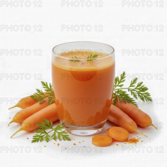 A refreshing glass of carrot juice is surrounded by fresh carrots and vibrant green leaves, offering a healthy and colorful composition, AI generated
