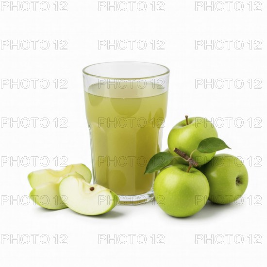 A refreshing glass of apple juice is presented alongside fresh green apples, some whole and others sliced, on a white background, AI generated