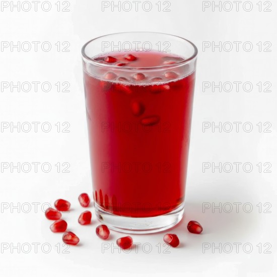 A vibrant image showcasing a glass of fresh pomegranate juice, garnished with seeds, set against a clean white backdrop, AI generated