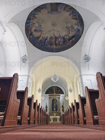 Interior of a church with impressive ceiling fresco and view of the altar, Kammersdorf Hollabrunn Weinviertel Lower Austria Austria