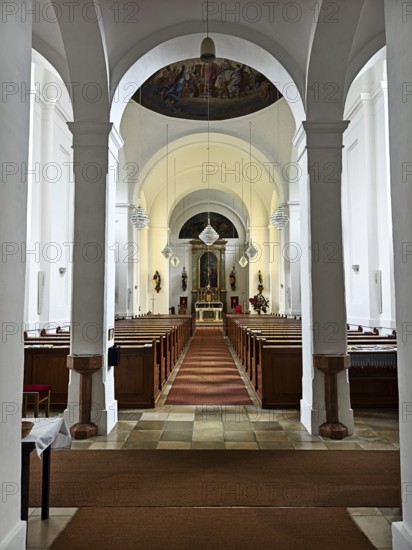 Interior view of a church with altar, arches and wooden pews, Kammersdorf Hollabrunn Weinviertel Lower Austria Austria
