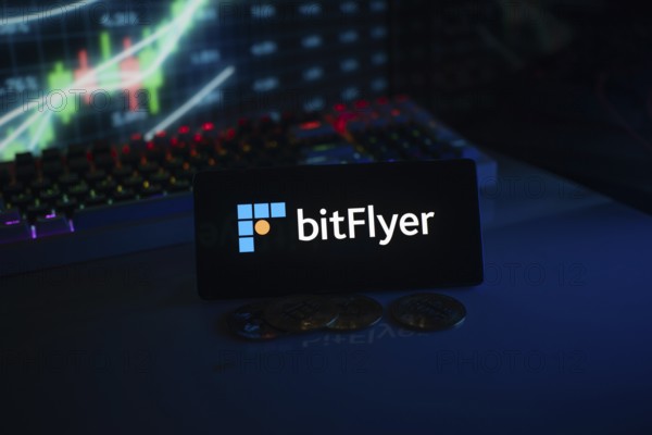 BitFlyer logo presented alongside coins and vibrant market graphs, illustrating cryptocurrency trading