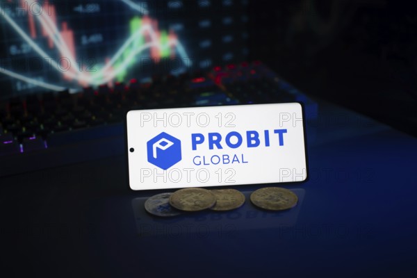 Probit Global logo shown with coins and market charts, set in a futuristic trading environment