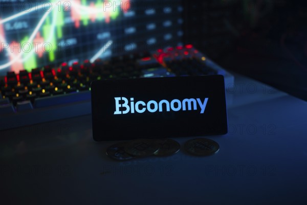 Biconomy logo shown with coins and digital graphs in a dim, high-tech setting