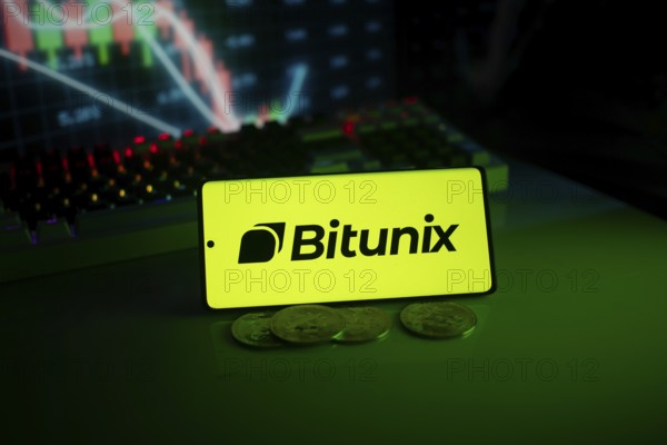Bitunix logo in a bright neon green setting with coins and trading charts in the background