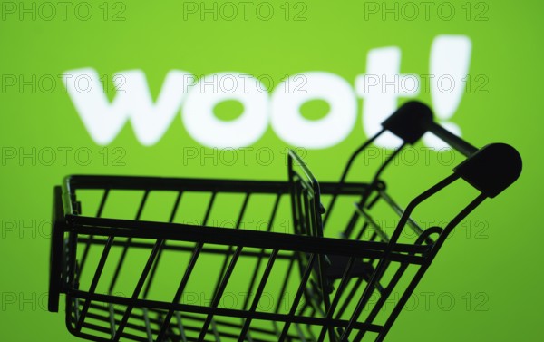 Dhaka, Bangladesh- 03 July 2025: Silhouette of a shopping cart in front of the Woot logo, symbolizing ecommerce and online shopping