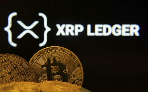 Dhaka, Bangladesh- 27 July 2025: Close-up of Bitcoin coins with the XRP Ledger logo visible on a screen in the background