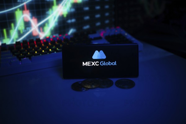 MEXC Global logo shown on a blue screen with coins and trading graphs in the background