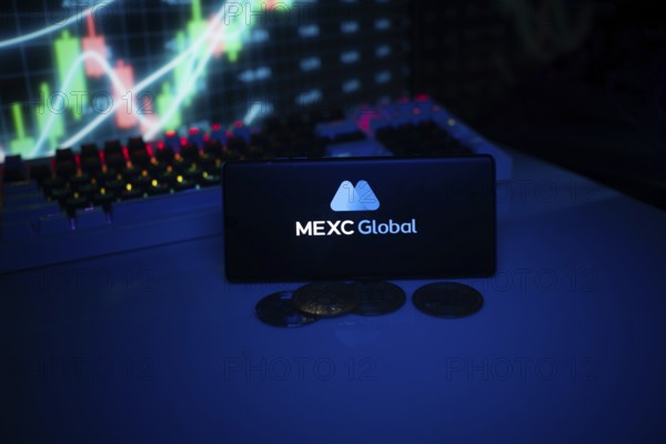 MEXC Global logo shown on a blue screen with coins and trading graphs in the background