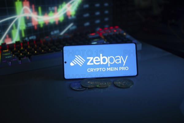 Zebpay logo on a phone with digital currencies and financial trading graphs in the background