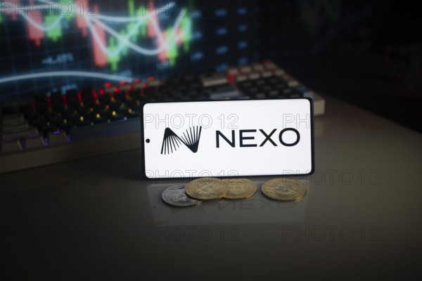 NEXO logo displayed with coins and market graph amid neon lights