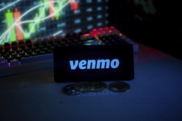Venmo logo with coins and market activity graph in vibrant neon atmosphere