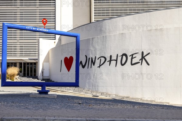 Photo of an installation in Windhoek with the inscription I love Windhoek and a blue frame symbolizing a city landmark - 11 August, 2025
