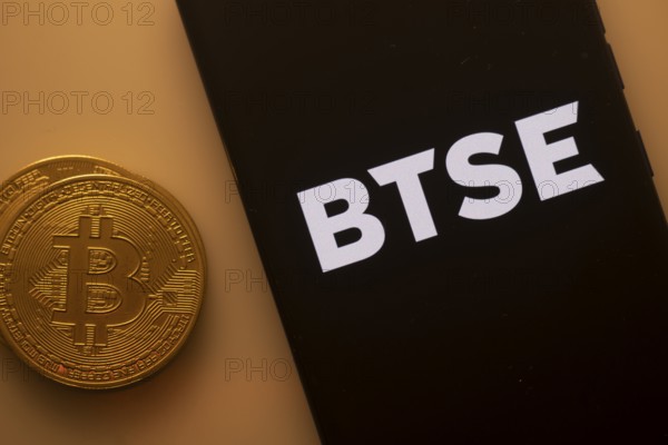 A Bitcoin coin paired with a smartphone displaying the BTSE logo in orange