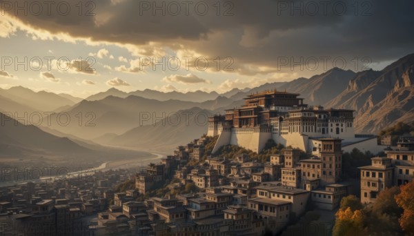 The image showcases a stunning fortress in Bhutan, nestled amidst a valley and mountains, under a dramatic sky during sunset, AI generated