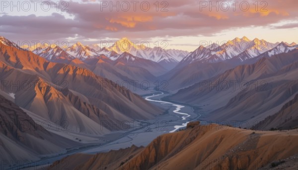 The golden hour bathes the snow-capped peaks and valley in a warm glow, highlighting the rugged terrain and the river's path, AI generated