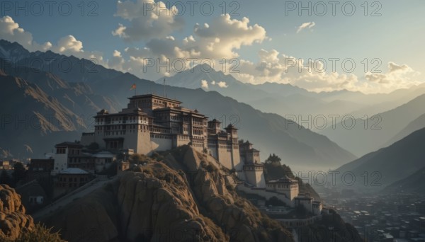 The image showcases a stunning fortress nestled on a rocky mountain, with the majestic Himalayas in the background. The scene is bathed in sunlight, AI generated