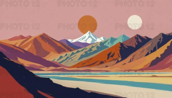 This vibrant illustration depicts a stylized mountain range with a setting sun and a second moon, reflecting in a tranquil lake, AI generated