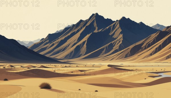 A stylized illustration depicts a desert scene with rolling sand dunes and majestic mountains under a clear sky, evoking a sense of vastness, AI generated