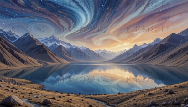 A breathtaking landscape features a calm lake reflecting a vibrant sky filled with swirling colors, framed by majestic mountains, AI generated