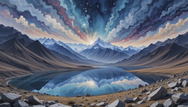 A stunning landscape painting showcases a mountain range reflected in a calm lake, under a sky of swirling clouds and stars, AI generated