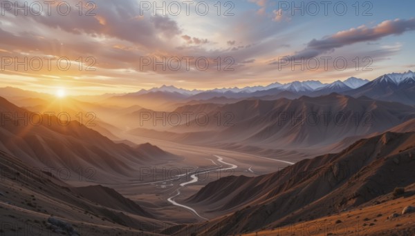 The sun rises, casting a warm glow over the mountains and valley below, creating a breathtaking landscape. The river meanders through the valley, AI generated