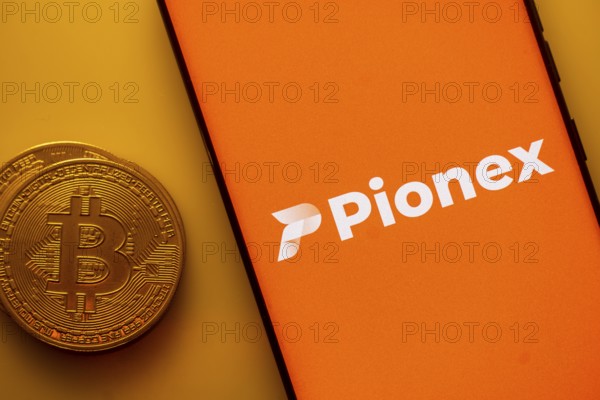 Pionex logo appears on a smartphone next to a Bitcoin coin on an orange background