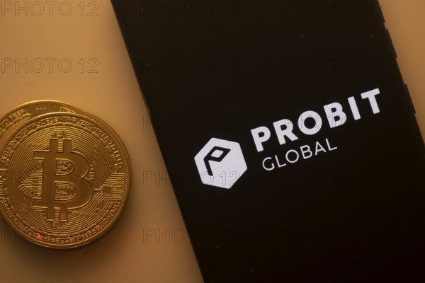 Bitcoin coin beside Probit Global logo on a black background, pertaining to crypto exchange
