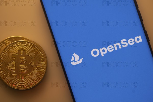 Bitcoin coin alongside OpenSea logo on a blue background, related to NFT trade