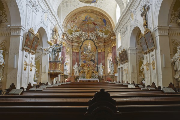 Magnificently designed Baroque church nave with richly decorated altarpieces and magnificent reliefs, Minorite Church Tulln Lower Austria Austria