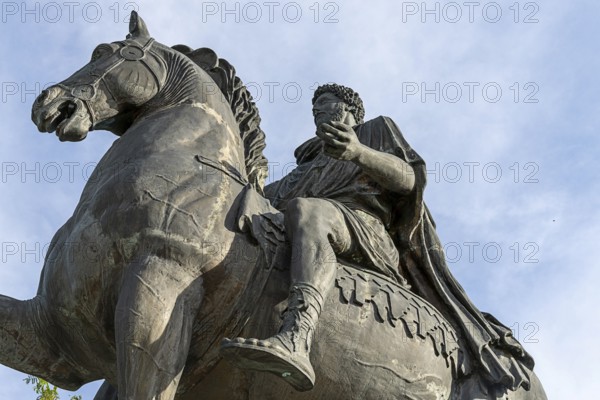 Close-up of a historical equestrian statue focussing on details of horse and rider Marcus Aurelius, Tulln Lower Austria Austria