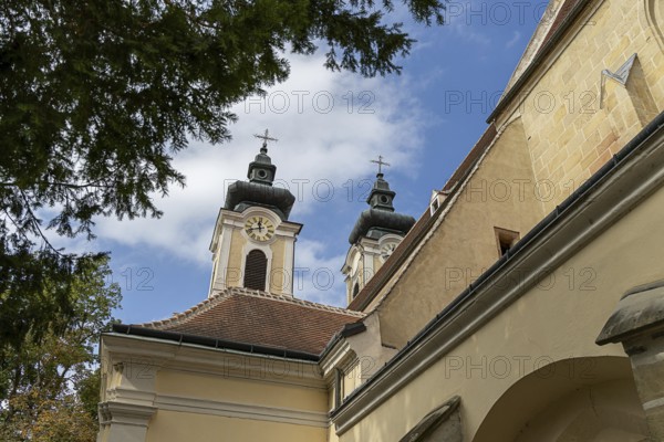 Two baroque church towers with clocks rise into a clear blue sky, surrounded by trees, Stadtpfarrkirche St.Stephan Tulln Lower Austria Austria