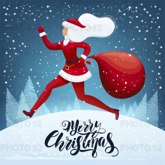 Mrs. Claus is running fast with a bag full of christmas gifts on a snowy night, AI generated