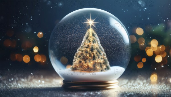 Snow globe featuring a christmas tree with falling snow and bokeh lights, creating a magical christmas atmosphere, AI generated