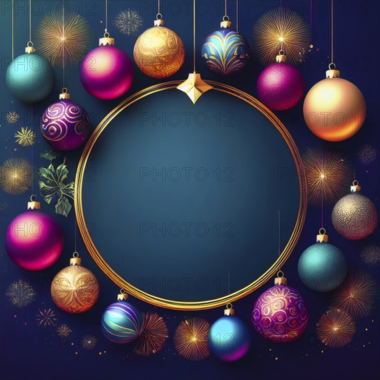 Colorful christmas ornaments hanging around a golden circular frame with fireworks, creating a festive holiday background, AI generated