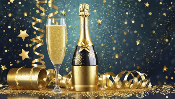 A champagne bottle and a filled glass sit among gold streamers, confetti, and sparkling decorations, evoking a festive celebration atmosphere, AI generated