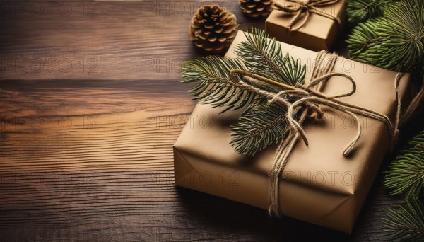 Christmas presents wrapped in brown paper decorated with pine branches and pine cones lying on a wooden table, AI generated