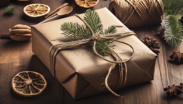 Christmas present wrapped in simple brown paper, tied with twine and decorated with natural pine twigs, surrounded by dried orange slices, spices, and pine cones on a rustic wooden surface, AI generated