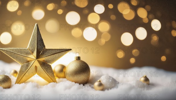 Christmas still life with golden star and baubles on snow with warm bokeh lights in background, AI generated