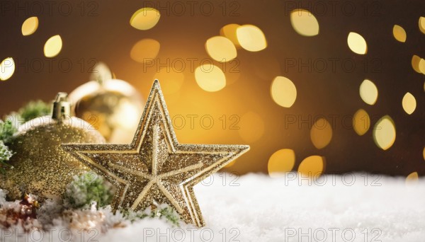 Golden christmas star and baubles creating a magical atmosphere on a snowy surface with warm bokeh lights, AI generated