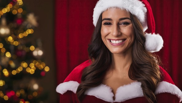 Beautiful smiling woman wearing santa hat posing in front of christmas tree lights, AI generated