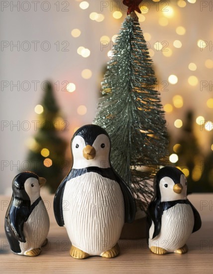 Three charming penguin figurines gather around a small christmas tree, illuminated by warm, sparkling lights, creating a festive holiday scene, AI generated