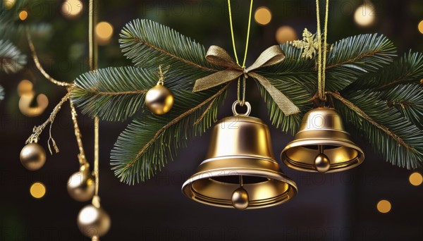 Golden christmas bells and ornaments hanging on pine branches create a festive holiday scene with blurred lights in the background, AI generated