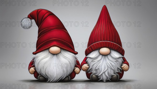 Two gnomes with long white beards and red hats are sitting on gray background, bringing christmas spirit, AI generated