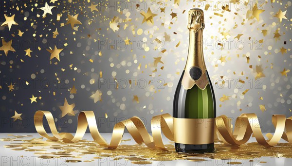 A bottle of champagne is surrounded by gold ribbons and confetti. The image conveys a celebratory mood, likely for a special occasion or event, AI generated
