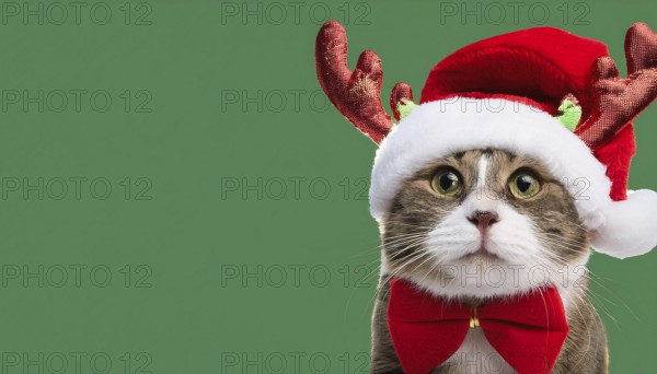 Adorable cat celebrating christmas with festive reindeer antlers and a stylish red bow tie against a vibrant green backdrop, AI generated