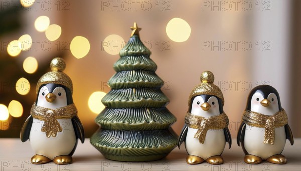 Three adorable penguins wearing golden scarves and hats gather around a festive christmas tree, creating a heartwarming holiday scene, AI generated