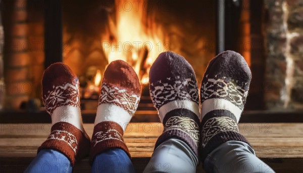 Couple relaxing with christmas socks by the fireplace on a cold winter evening, AI generated