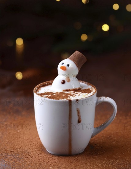 Delicious hot chocolate with funny marshmallow snowman melting on cocoa powder background with christmas lights, AI generated